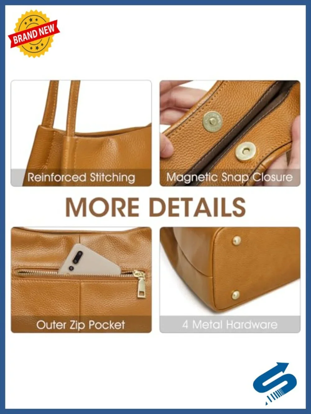 Genuine Leather Hobo Bag with Gold Hardware, Fits 7.9